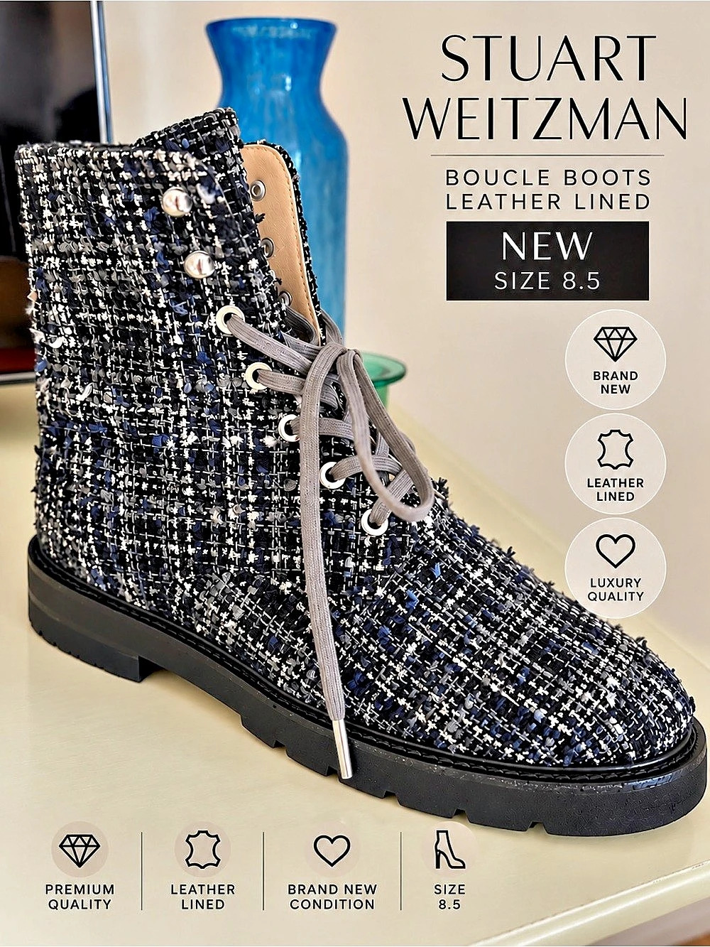Stuart Weitzman Sondra Bootie Leather Combat Boots Black & grey  US 8.5
